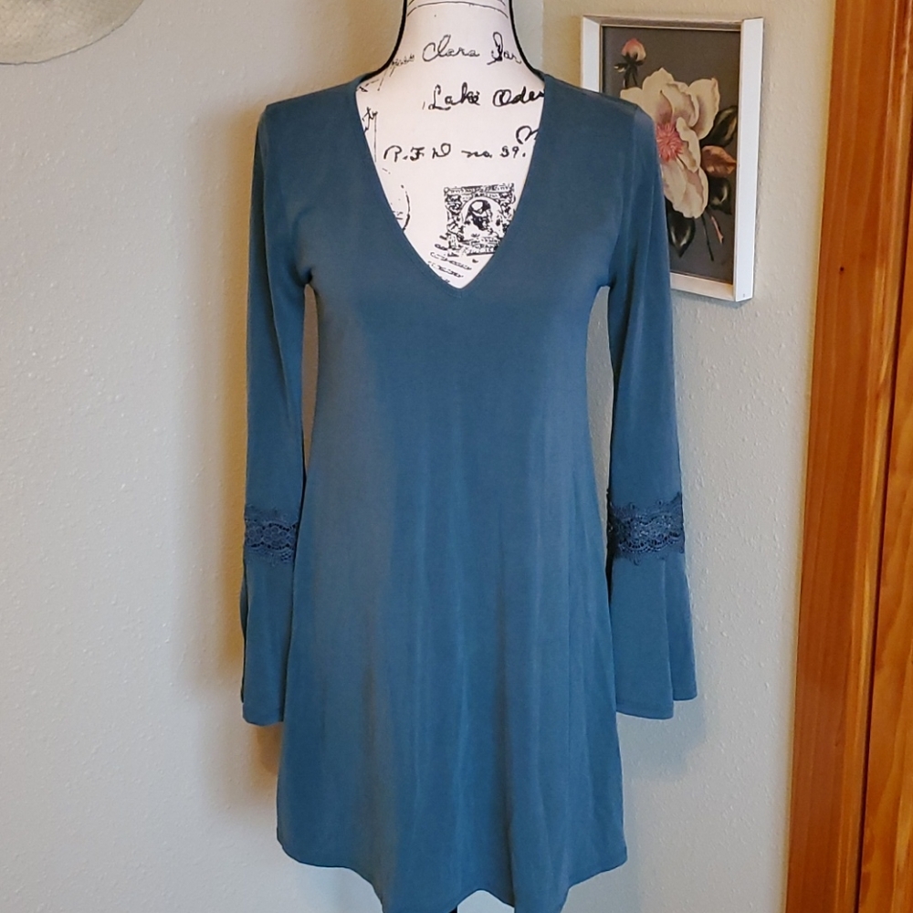 Sequin Hearts Bell Sleeve Mini Dress Teal Blue Size SMALL
